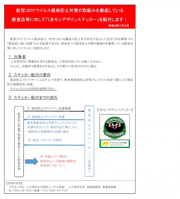 新型コロナウイルス感染防止対策の取組みを徹底している飲食店等に対して くまモンデザインステッカー を配布します 上天草市